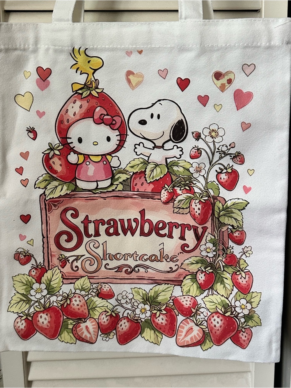 Hello Kitty x Snoopy Strawberry Tote Bag in White & Red